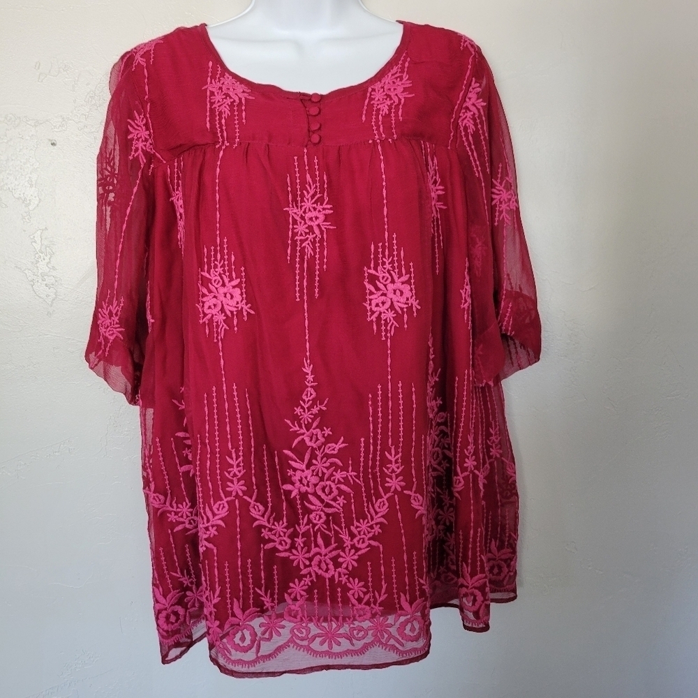 Sundance Women's Large Quarter Sleeve Blouse Magenta Pink Embroidery Boho Top